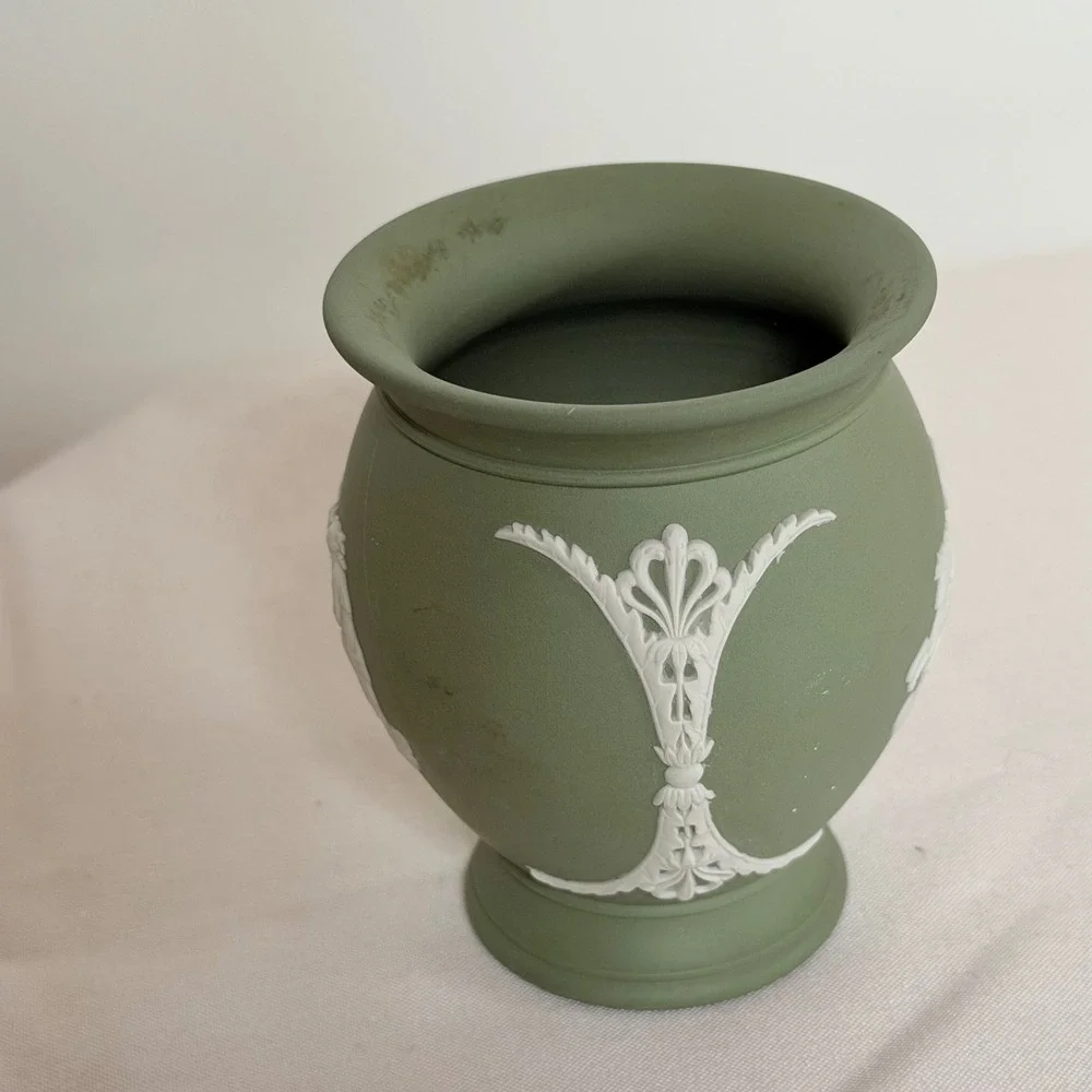 Wedgwood Jasperware Sage Green Small Round Vase Neoclassical Scenes Made in UK